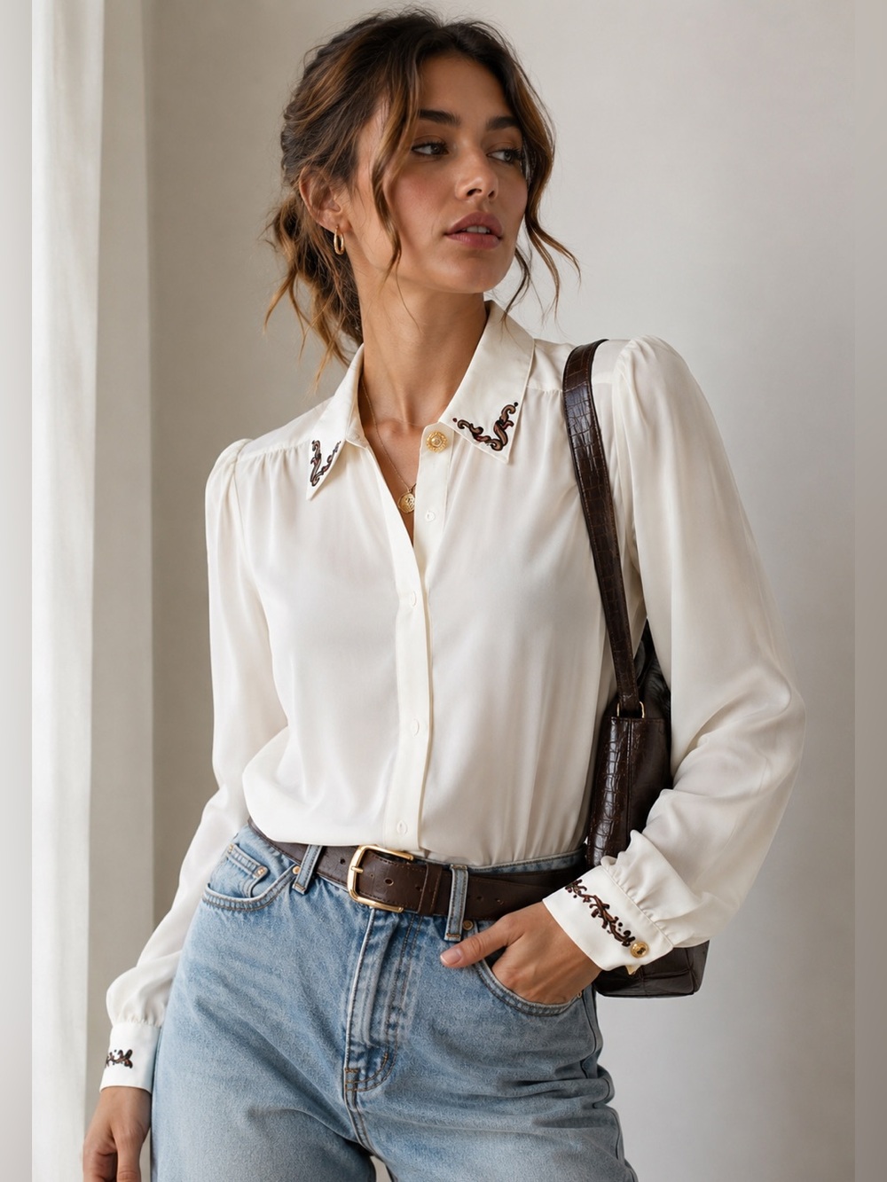 Vintage Koret White Embroidered Collar Button Front Blouse Women’s Size 18